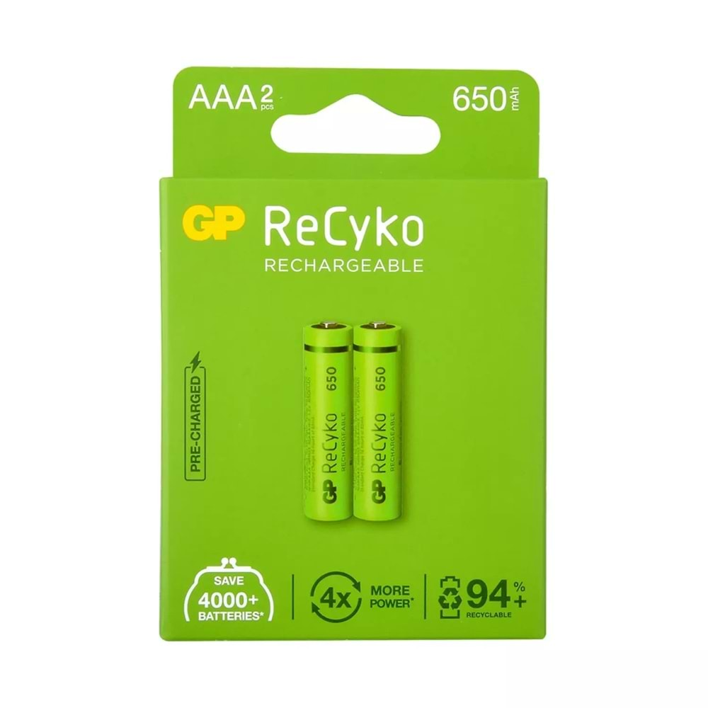 GP RECYKO AAA 650mAh 2 Lİ ŞARJ EDİLEBİLİR İNCE KALEM PİL