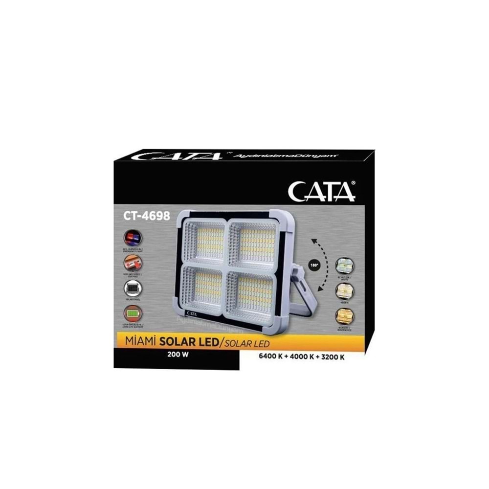 Cata CT-4698 Güneş Enerjili Solar 200W Watt LED Projektör Taşınabilir Sarı Beyaz ve Çakar Işık Lamba