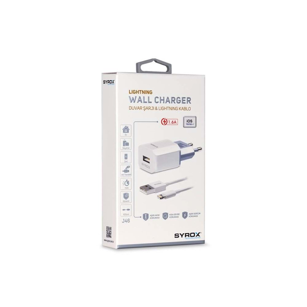 Syrox SYX-J46 iPhone Uyumlu Lightning 1.6 mAh Hızlı Şarj Cihazı