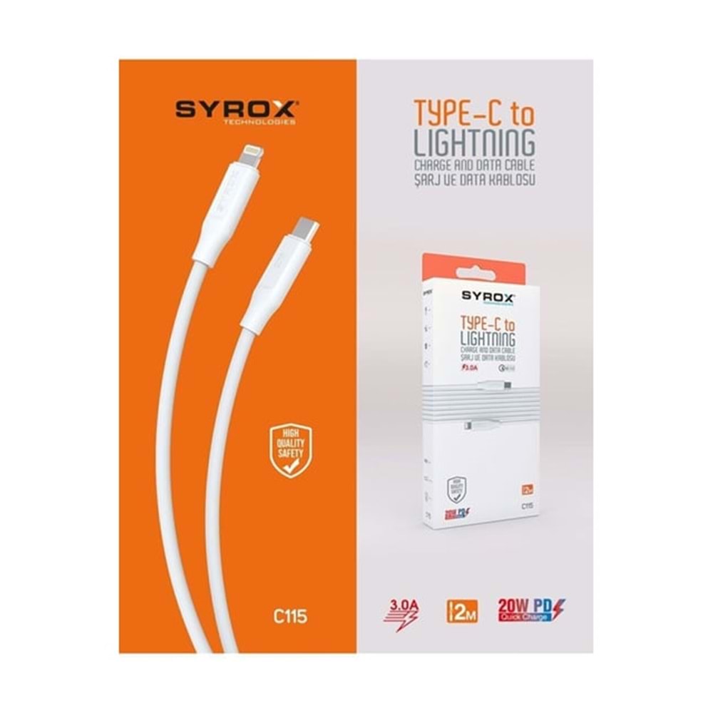 Syrox C115 Lightning Hızlı Şarj ve Data Kablosu 1mt 3.0A 18W Beyaz