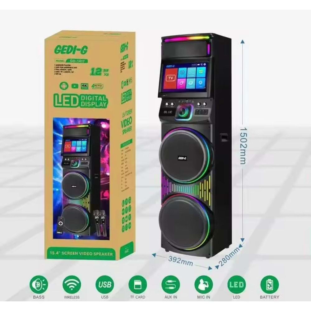 Gedi-G GD-1417 Android Ekranlı Led Işıklı Kablosuz Bluetooth Hoparlör