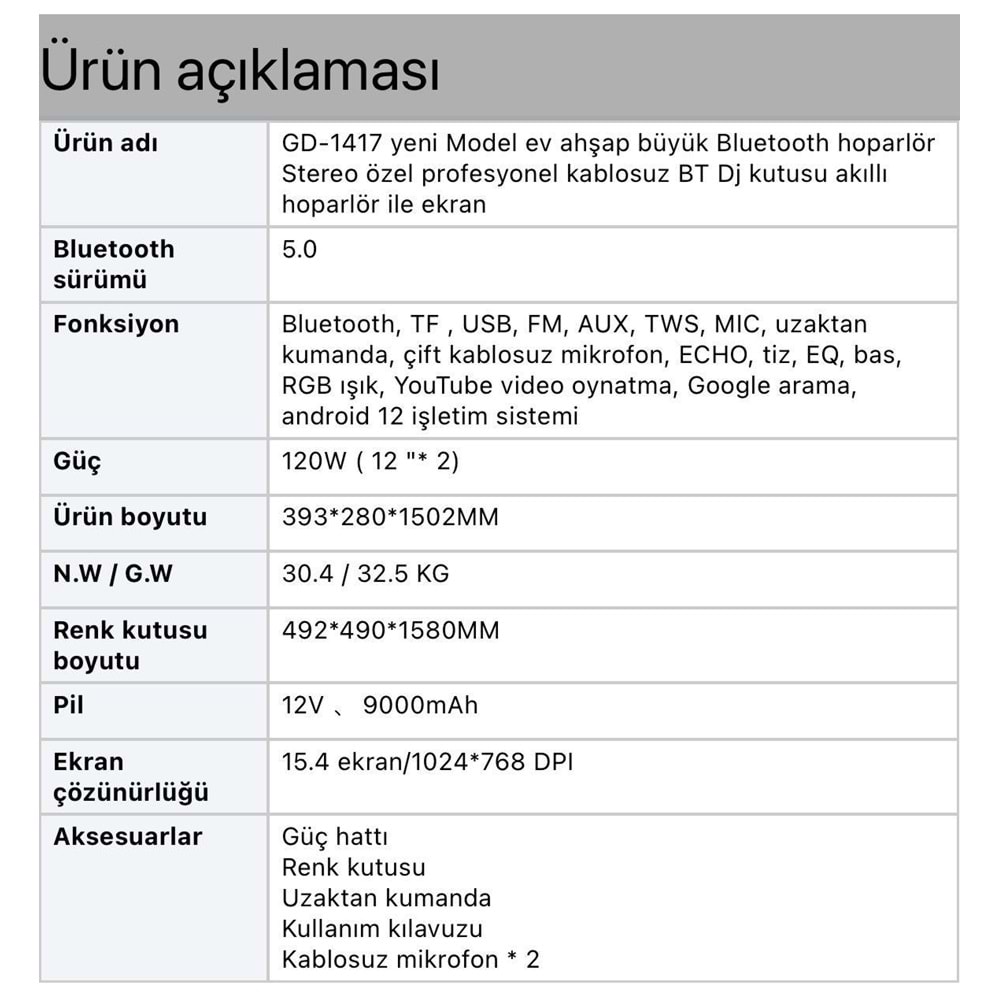 Gedi-G GD-1417 Android Ekranlı Led Işıklı Kablosuz Bluetooth Hoparlör