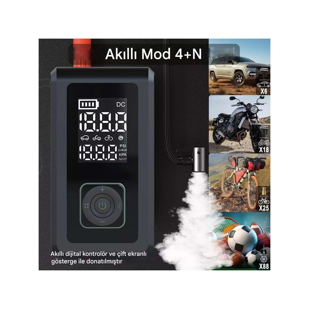 Cepini CP-11 Şarjlı Pompa, Akü Takviyesi, Fener, Powerbank Özellikli, Taşınabilir Kompresör, Araç Pompası