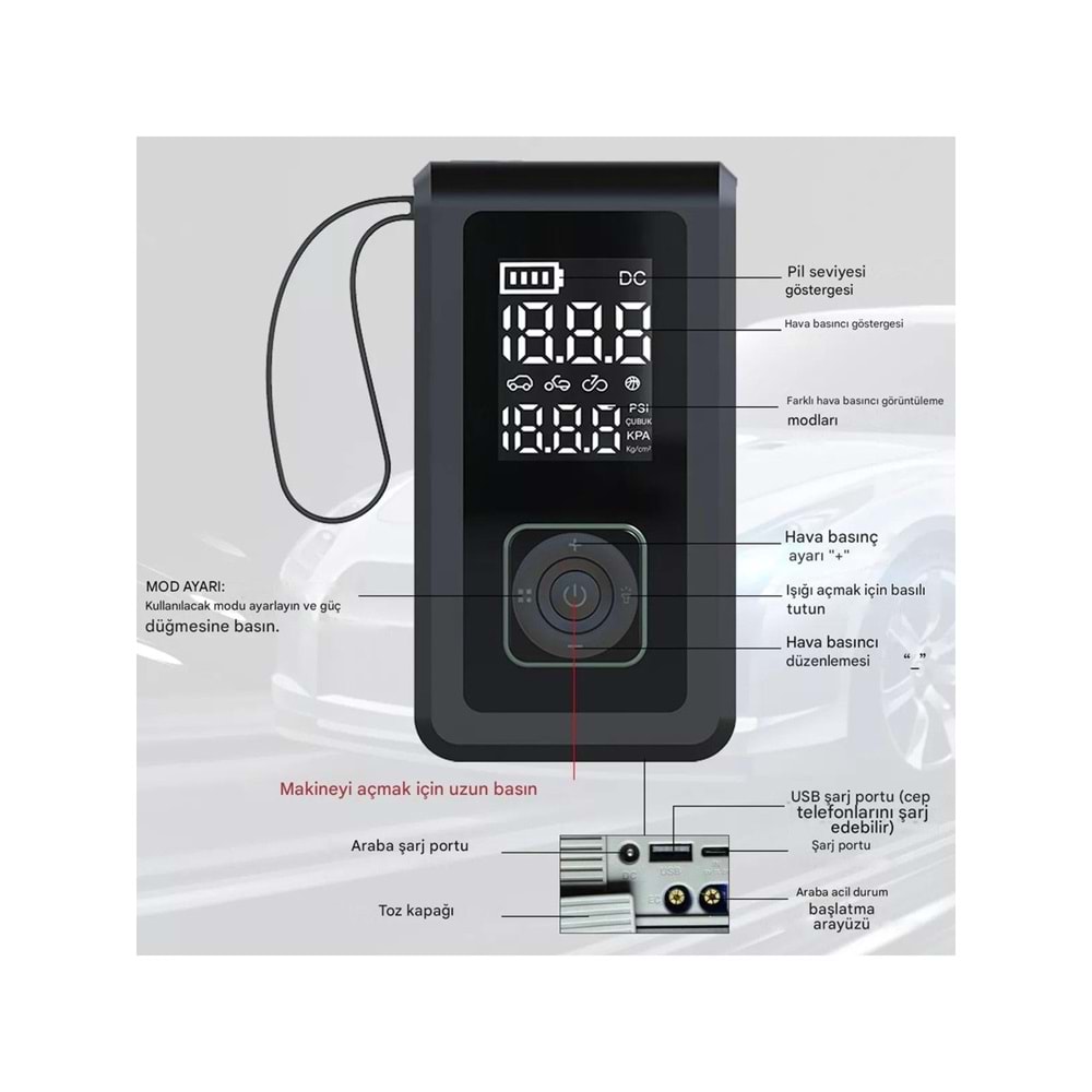 Cepini CP-11 Şarjlı Pompa, Akü Takviyesi, Fener, Powerbank Özellikli, Taşınabilir Kompresör, Araç Pompası