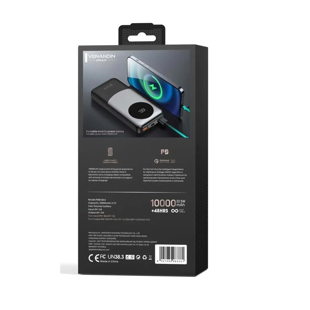 Venandin PWB10A3 10.000 Mah Led Göstergeli 22.5w Hızlı Kendinden kablolu Powerbank