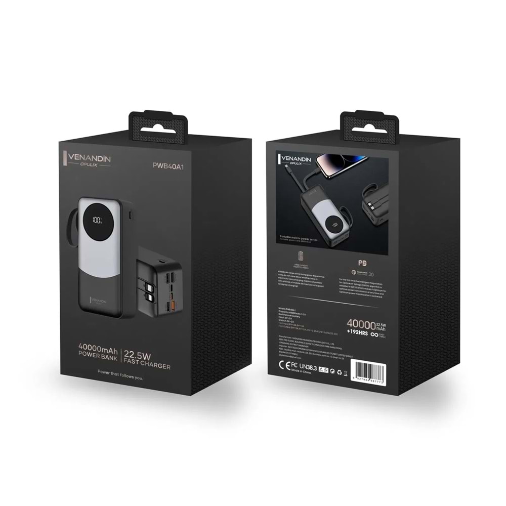 Venandin PWB40A1 40.000 Mah Led Göstergeli 22.5w Hızlı Kendinden kablolu Powerbank