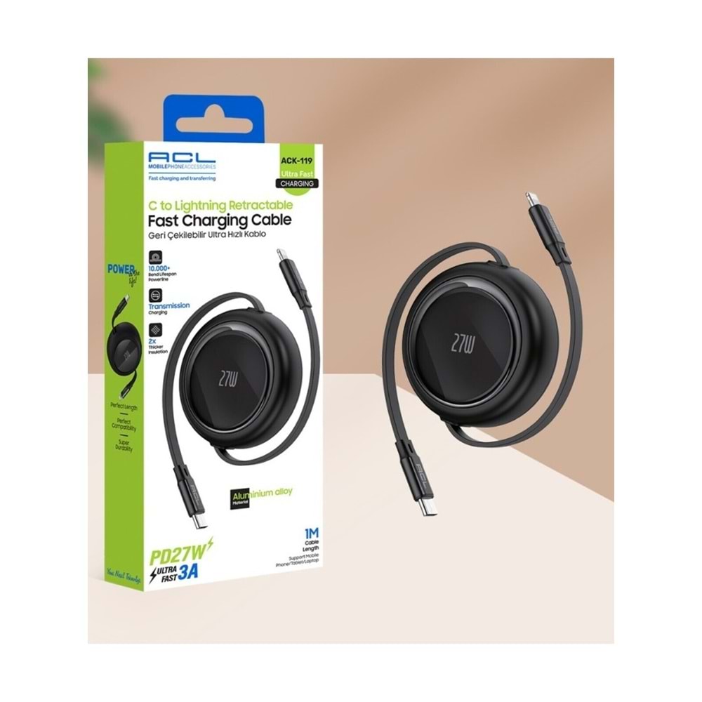 ACL ACK-118 PD100W Teyp-c to Teyp-c 3A Geri Çekilebilir Ultra Hızlı Şarj Kablosu