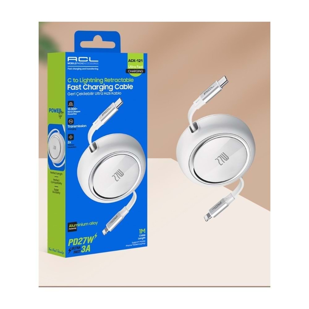 ACL ACK-121 PD27W 3A Teyp-c to Lightning Geri Çekilebilir Ultra Hızlı Şarj Kablosu