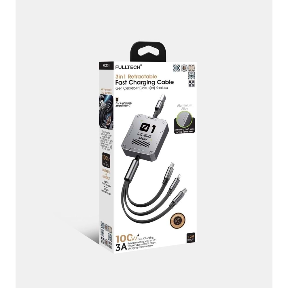 Fulltech FC151 100W 3A 3in1 Geri Çekilebilir Çoklu Hızlı Şarj Kablosu