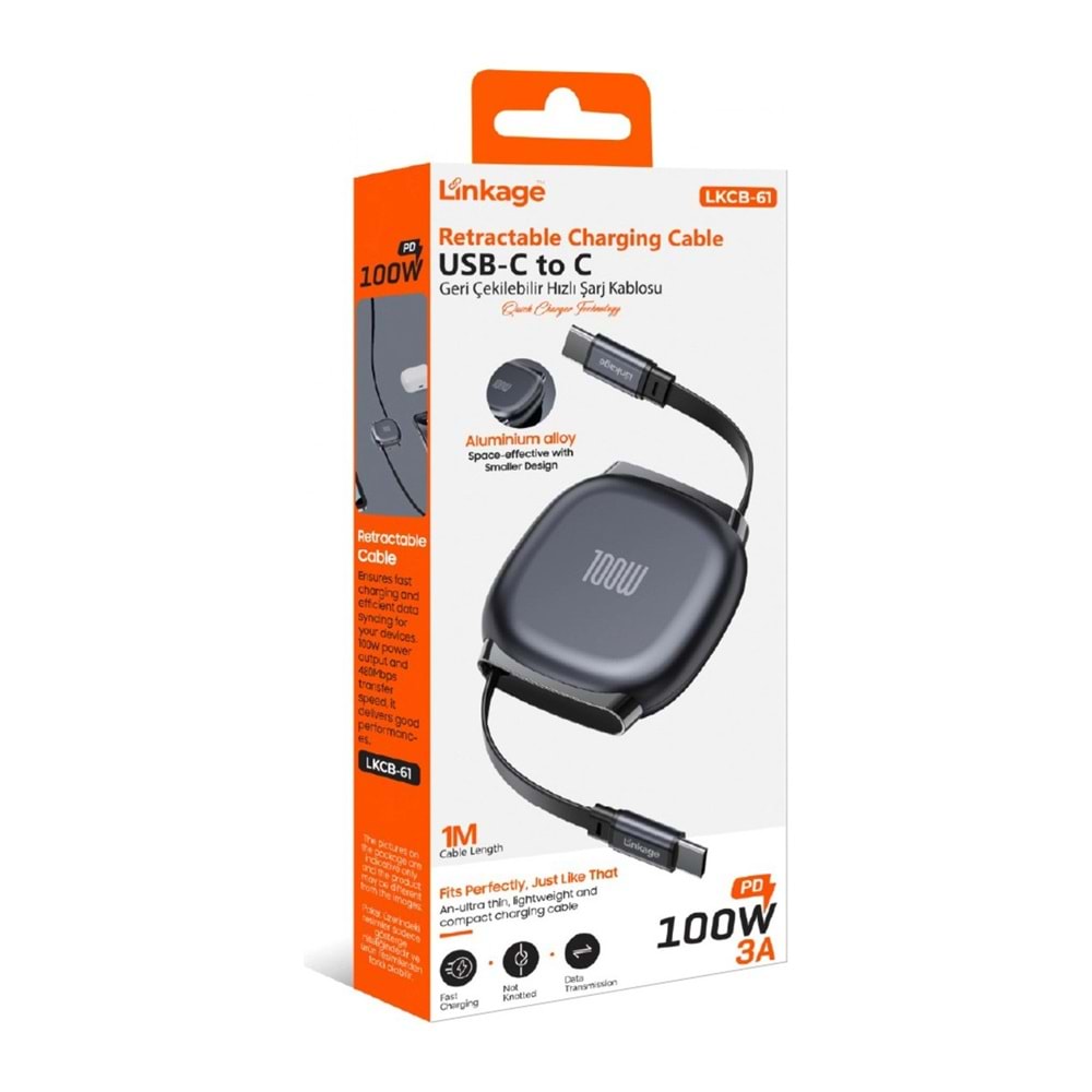Linkage LKCB-61 Pd 100W 3A, 1metre Usb-C’den C’ye Geri Çekilebilir Şarj Kablosu