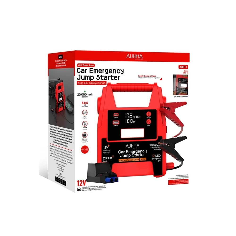 Auhma A8811 20.000mAh 2000A Peak Araç Akü Takviye Cihazı & Powerbank - 12V Jump Starter