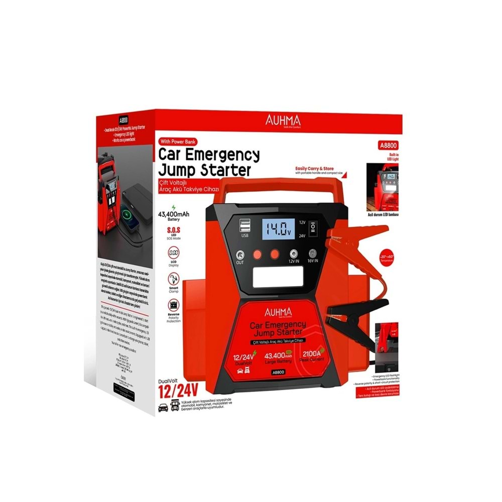 Auhma A8800 43.400mAh 12V/24V Çift Voltajlı 2100A Akü Takviye Cihazı Powerbank Jump Starter