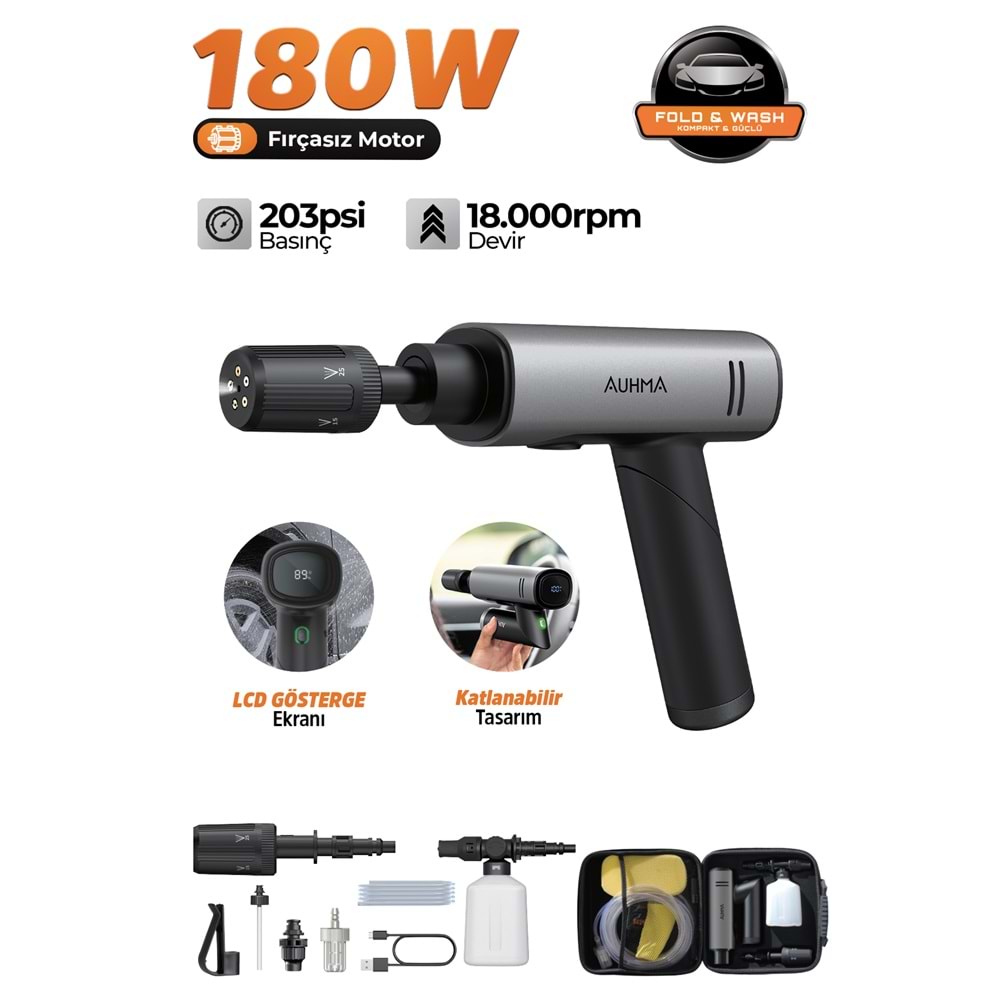 AUHMA ACR-09 180W Fırçasız Şarjlı Basınçlı Yıkama Makinesi