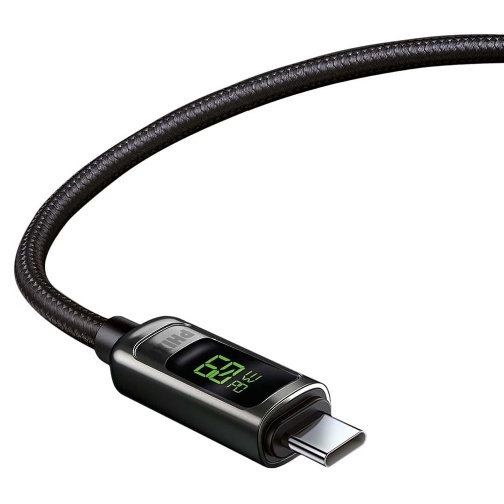 Phixi Ultimate UPD4160T 60w Lcd Ekranlı Metal Başlıklı Hasır Örgü Type-c To Type-c Hızlı Şarj Ve Data Kablosu