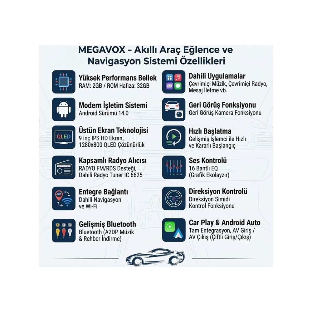 Megavox MGX-903 9inç QLED 2+32 GB Android 14.0 Multimedya