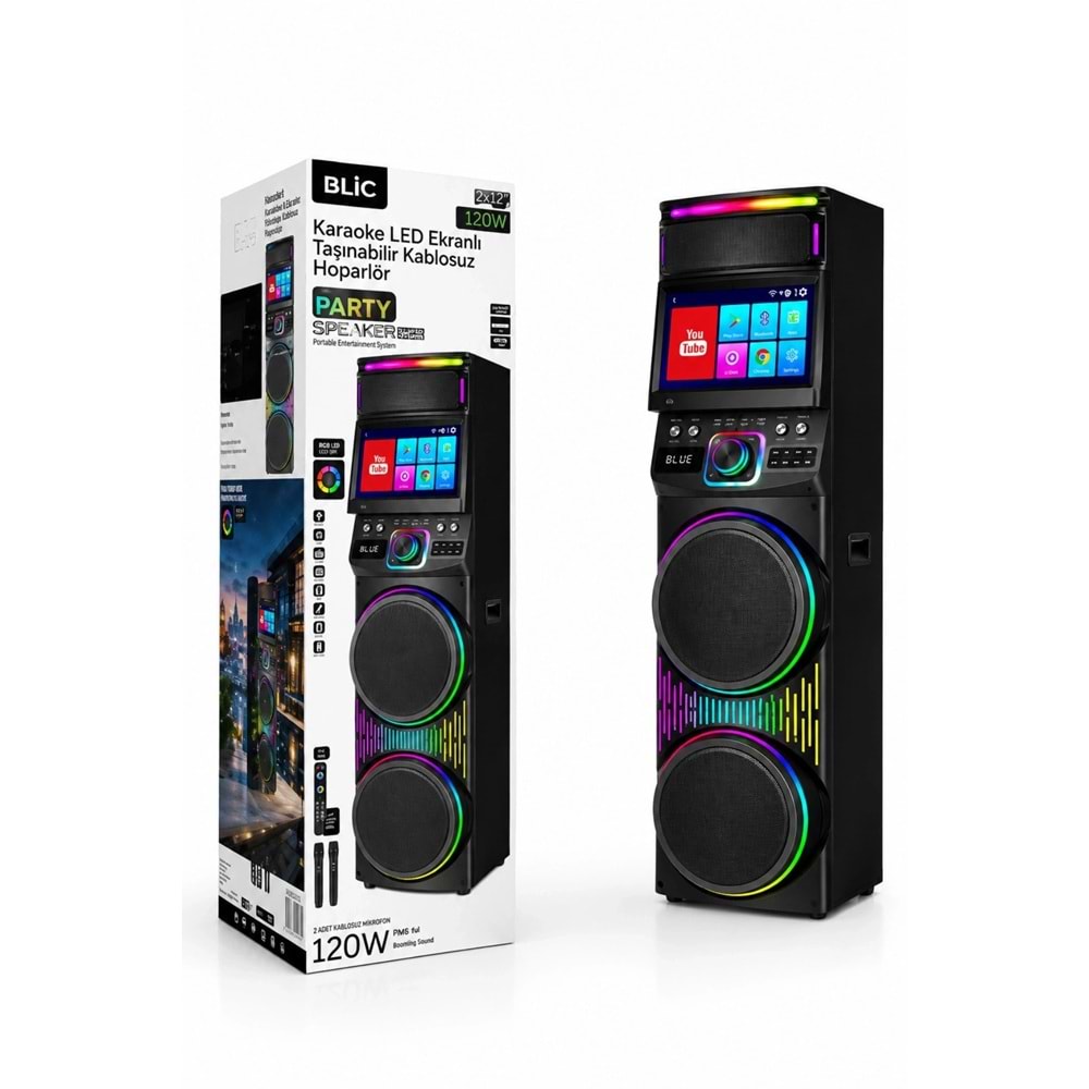 Blic BLS-82 Android LED Ekranlı Parti Hoparlörü 12 Inç RGB Taşınabilir Bluetooth Ses Sistemi