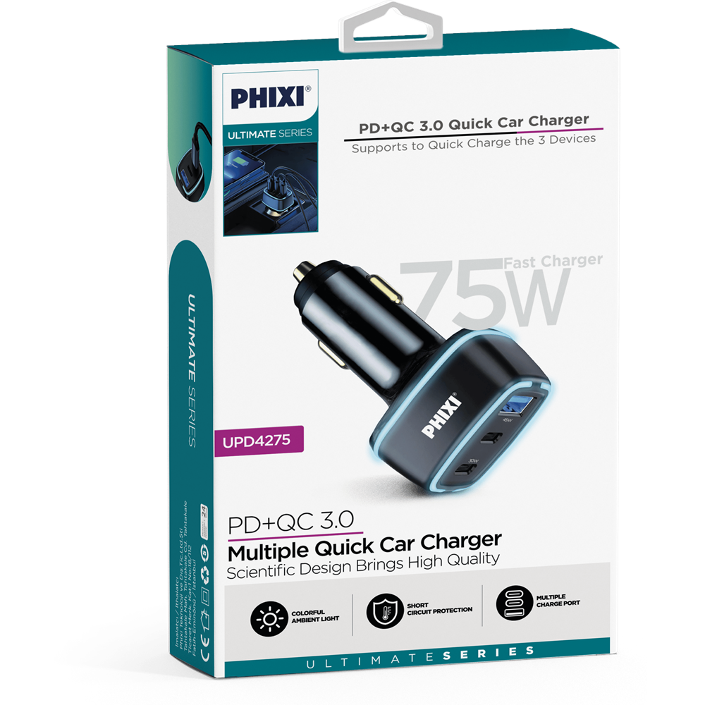 Phixi UPD4275 Üç Çıkışlı PD Destekli 75w Araç Şarj Adaptörü