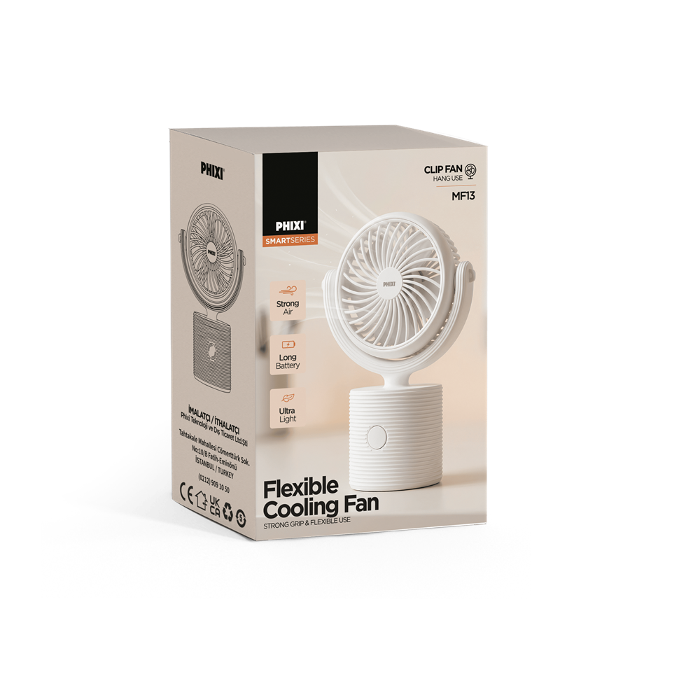 Phixi Smart MF13 Ultra Hafif Esnek Kullanımlı Şarjlı Klipsli Mini Fan