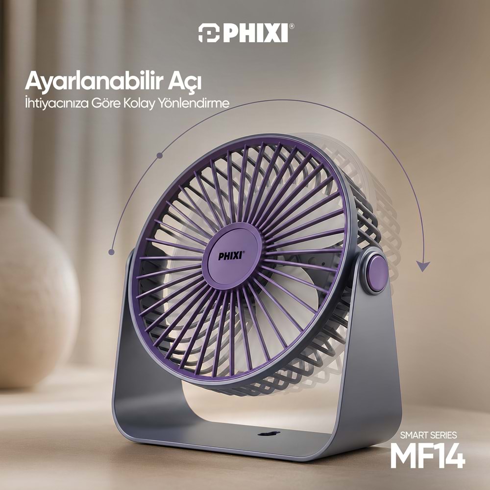 Phixi Smart MF14 Şarjlı Ayarlanabilir Açılı Taşınabilir Masaüstü Fan