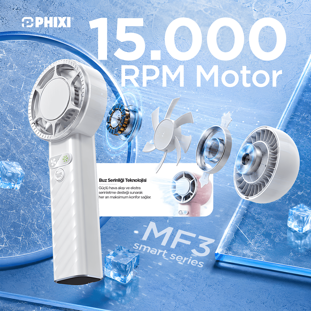 Phixi Smart MF3 3000 mAh 1500 RPM 4 Kademeli Şarjlı Taşınabilir El Fanı