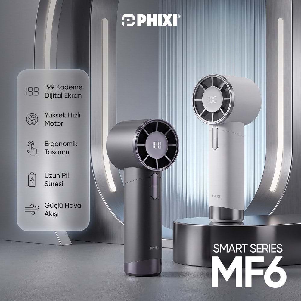 Phixi Smart MF6 199 Kademeli Dijital Göstergeli Şarjlı Taşınabilir Mini Fan