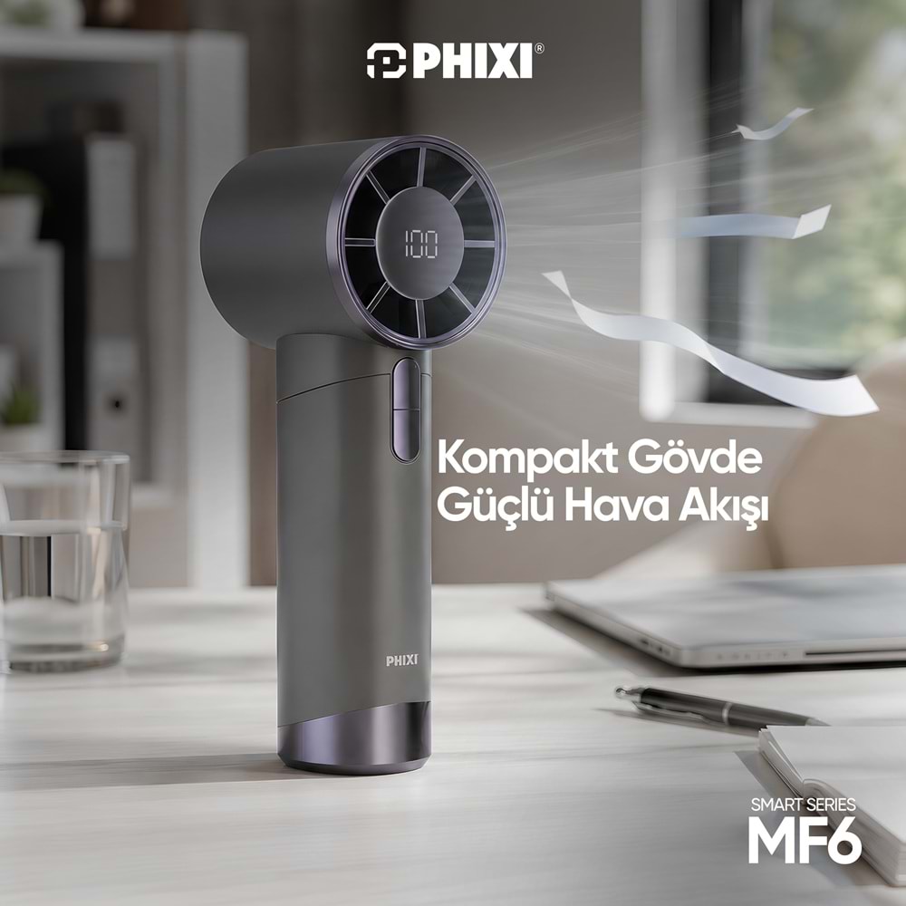 Phixi Smart MF6 199 Kademeli Dijital Göstergeli Şarjlı Taşınabilir Mini Fan