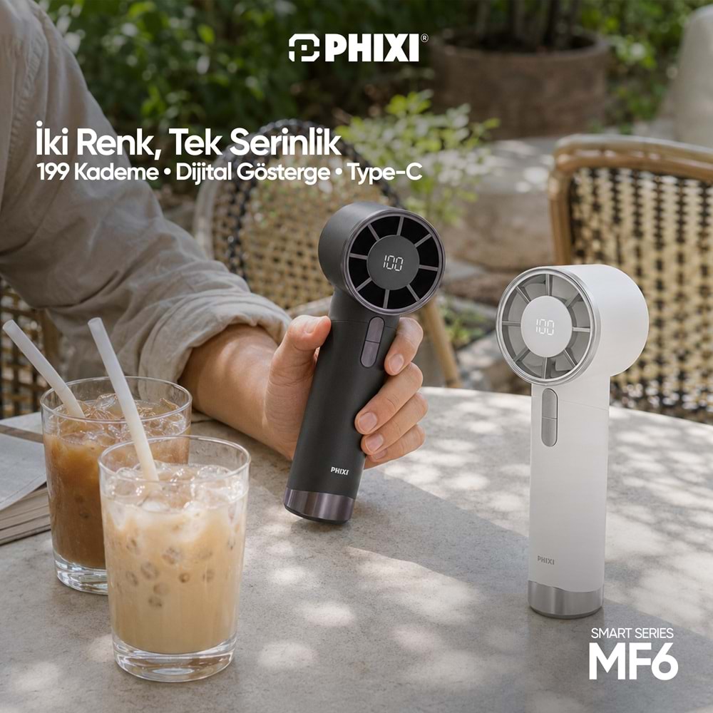 Phixi Smart MF6 199 Kademeli Dijital Göstergeli Şarjlı Taşınabilir Mini Fan
