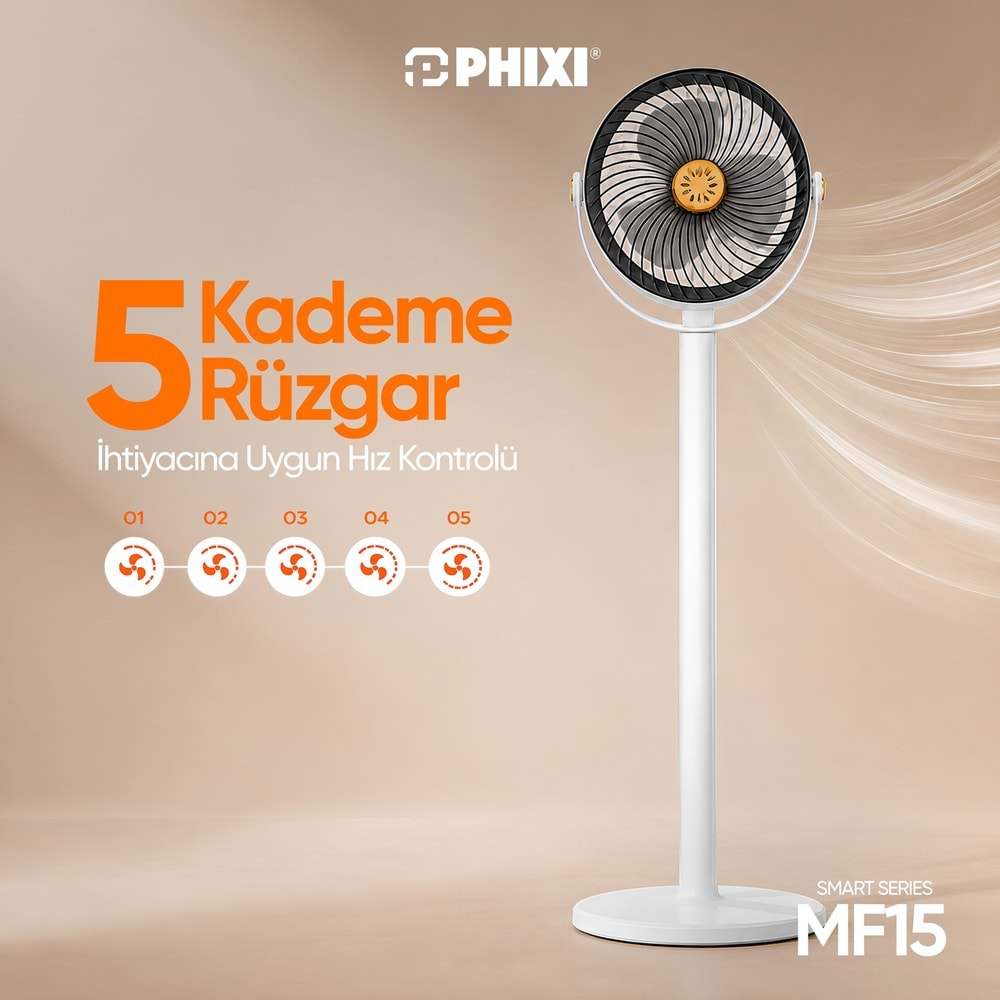 Phixi Smart MF15 5 Hız Kademeli Ayarlanabilir Boyutlu Aroma Hazneli Şarjlı Fan