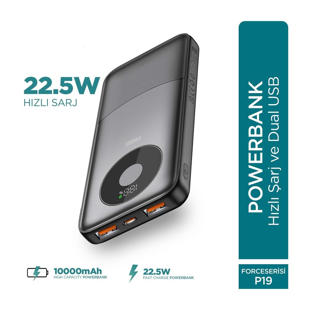 Phixi Force P19 10.000mAh Powerbank 22.5W Hızlı Şarj Dual USB Taşınabilir Şarj Cihazı