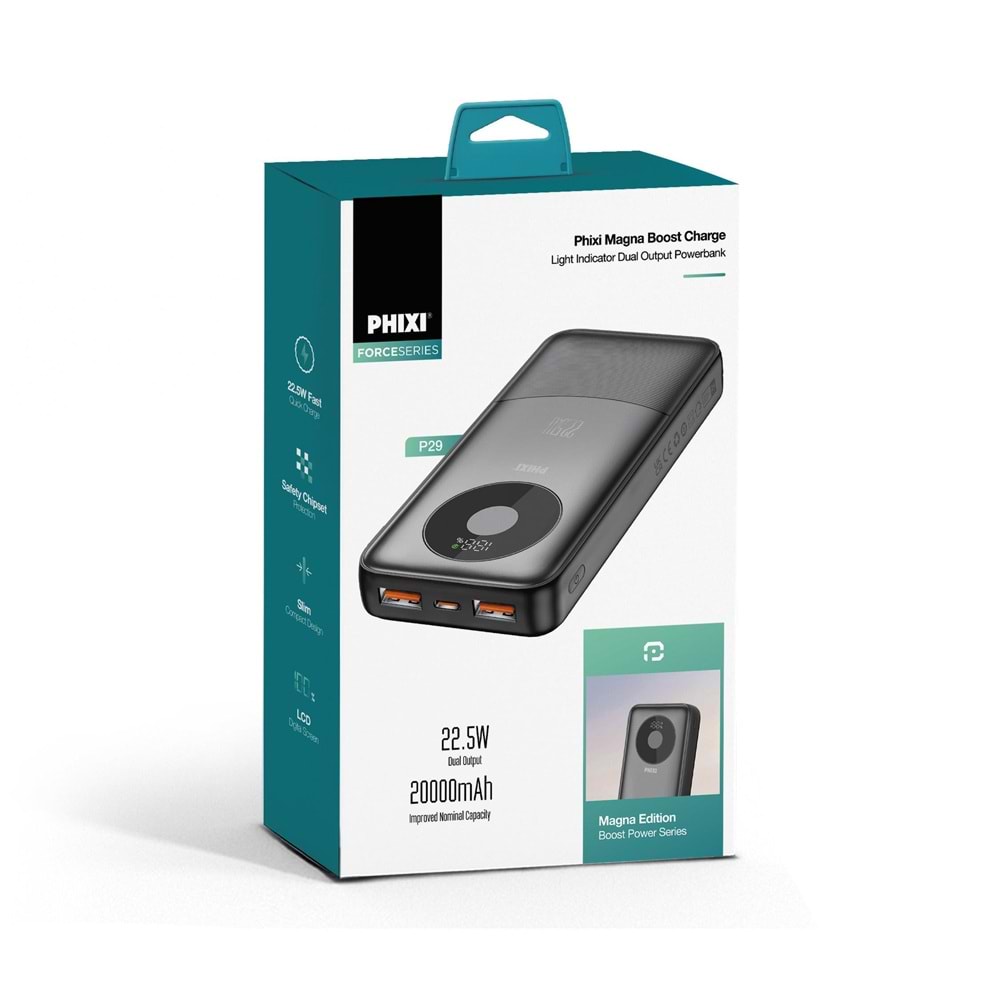 Phixi Force P29 20.000mAh Powerbank 22.5W Hızlı Şarj Dual USB Taşınabilir Şarj Cihazı