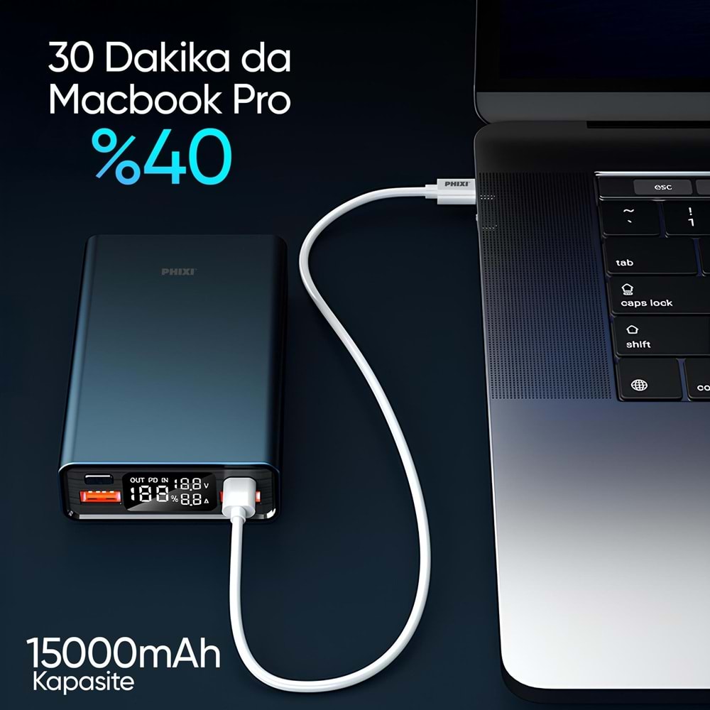 Phixi Ultimate UP65 15.000mAh 100W Süper Hızlı Şarj Cihazı Laptop Şarj Edebilir Powerbank