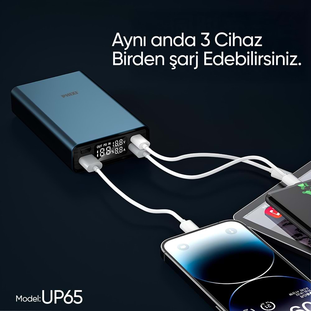 Phixi Ultimate UP65 15.000mAh 100W Süper Hızlı Şarj Cihazı Laptop Şarj Edebilir Powerbank