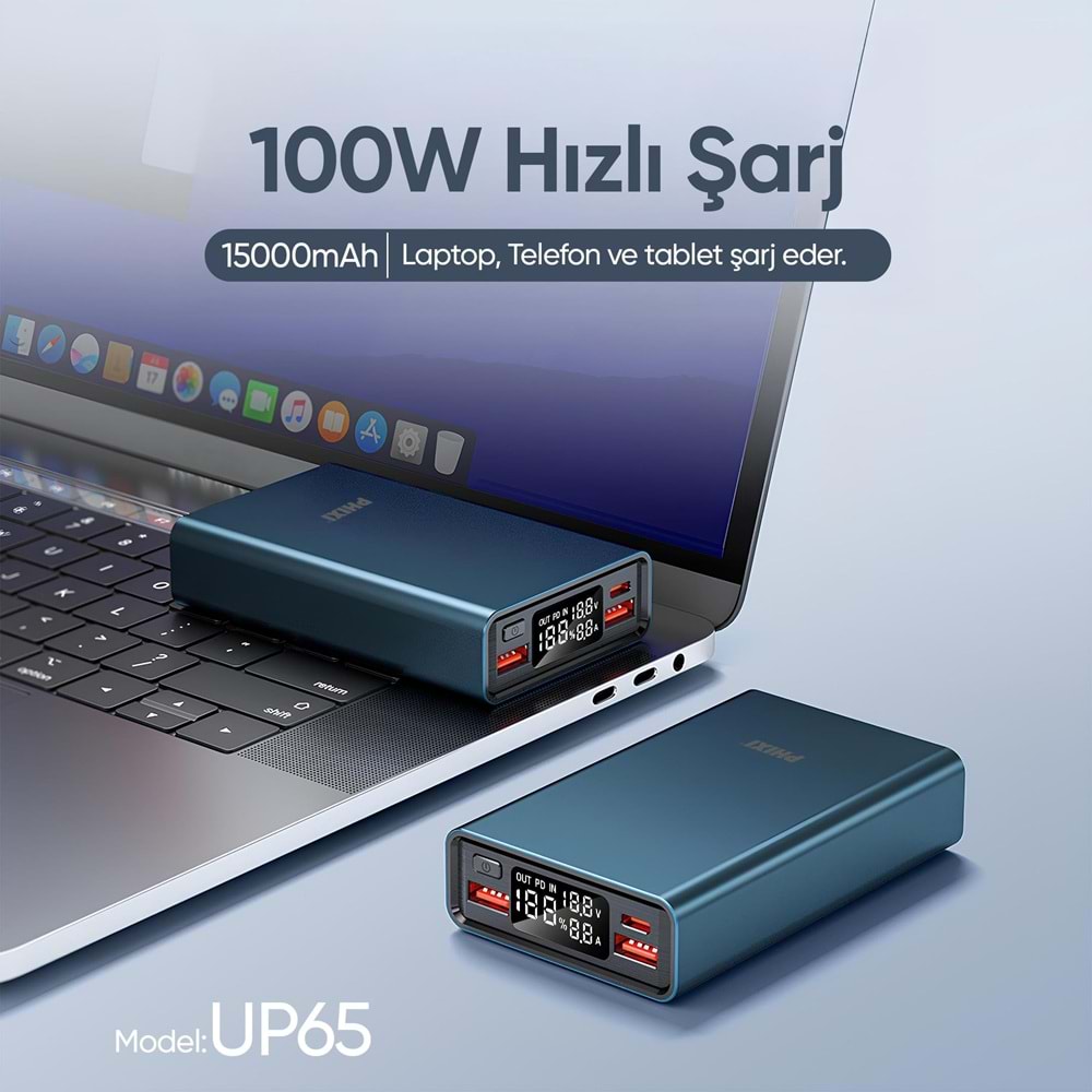 Phixi Ultimate UP65 15.000mAh 100W Süper Hızlı Şarj Cihazı Laptop Şarj Edebilir Powerbank