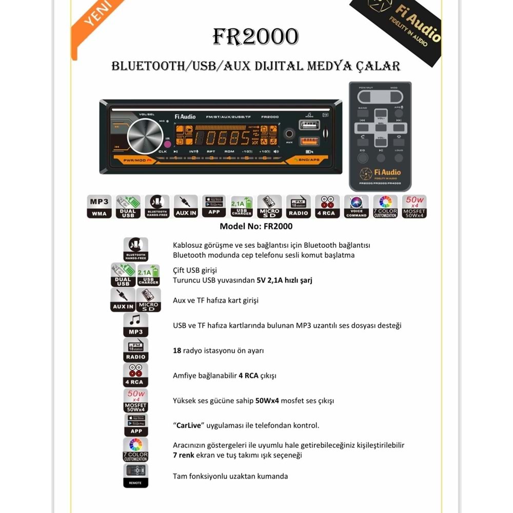 Fi Audio FR2000 FM/BT/AUX/2 USB/TF Oto Teyp