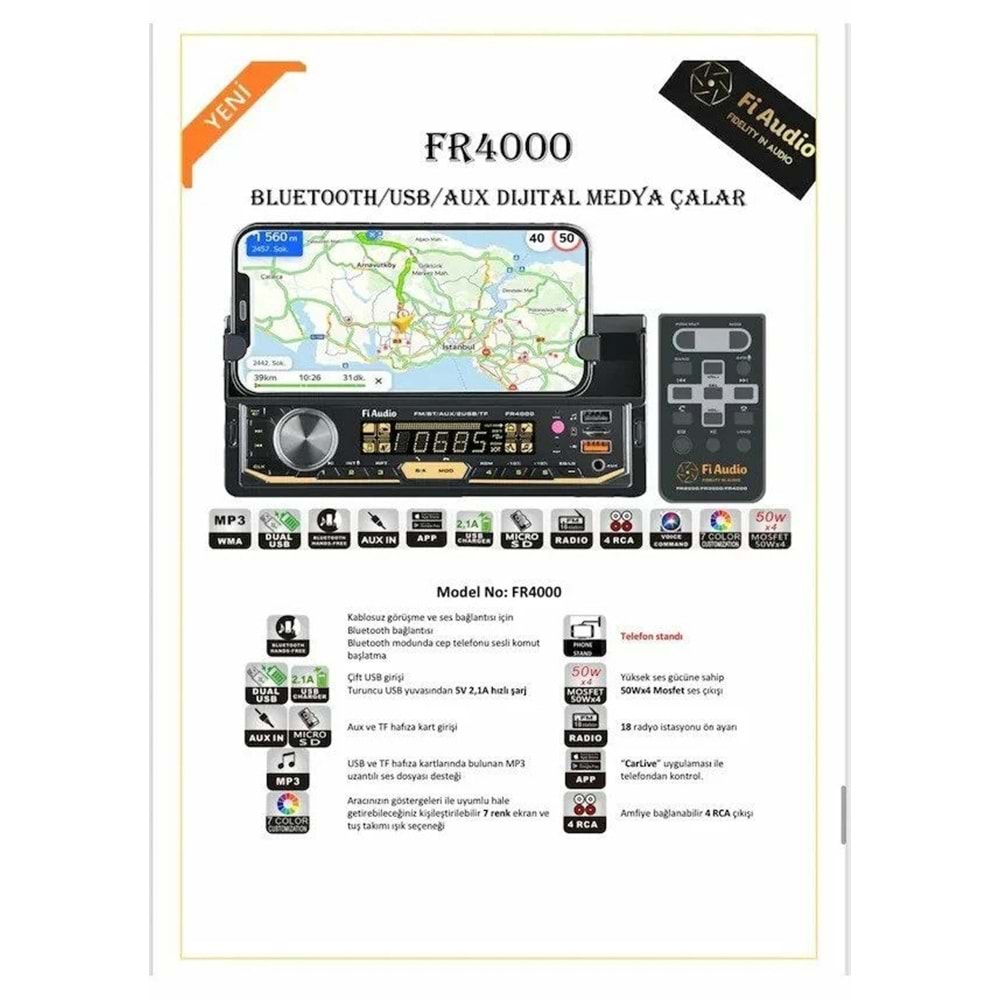 Fi Audio FR4000 Telefon Standlı Bluetooth/USB/AUX/SD/2 Anfi Çıkışlı Dijital Medya Çalar Oto Teyp