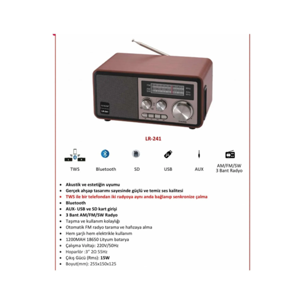 Leader LR-241 Radio/BT/USB/TF Retro Müzik Kutusu