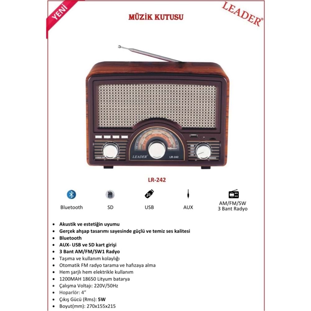 Leader LR-242 Nostaljik Portatif Taşınabilir Radyo