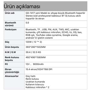 Gedi-G GD-1417 Android Ekranlı Led Işıklı Kablosuz Bluetooth Hoparlör