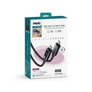 Phixi Ultimate UPD4160T 60w Lcd Ekranlı Metal Başlıklı Hasır Örgü Type-c To Type-c Hızlı Şarj Ve Data Kablosu