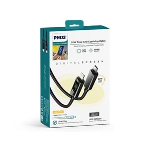 Phixi Ultimate UPD4160L 20w Lcd Ekranlı Metal Başlıklı Hasır Örgü Type-c To Lightning Hızlı Şarj Ve Data Kablosu