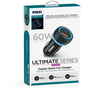 Phixi UPD4260 Çift Çıkışlı PD Destekli 60w Araç Şarj Adaptörü