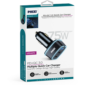Phixi UPD4275 Üç Çıkışlı PD Destekli 75w Araç Şarj Adaptörü