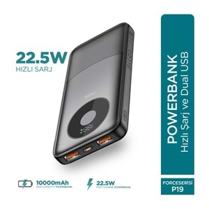 Phixi Force P19 10.000mAh Powerbank 22.5W Hızlı Şarj Dual USB Taşınabilir Şarj Cihazı