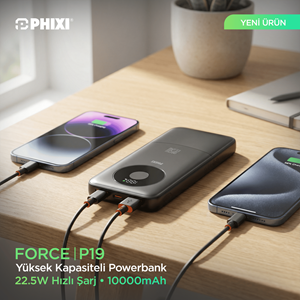 Phixi Force P19 10.000mAh Powerbank 22.5W Hızlı Şarj Dual USB Taşınabilir Şarj Cihazı