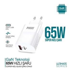 Phixi Ultimate UPD4165 65W PD Çift Çıkışlı Hızlı Şarj Adaptör