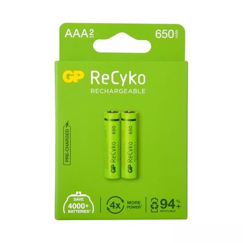 GP RECYKO AAA 650mAh 2 Lİ ŞARJ EDİLEBİLİR İNCE KALEM PİL