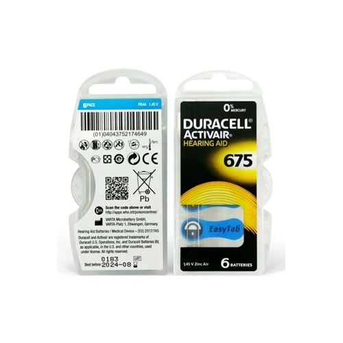 Duracell Activair 675 Numara Işitme Cihazı Pili 6 LI