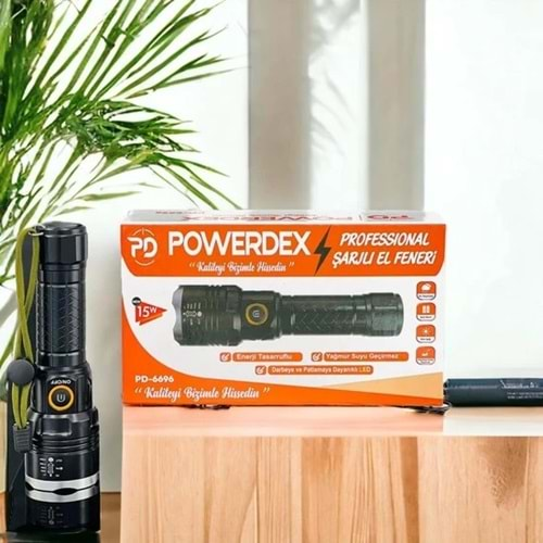 Powerdex PD-6696 Yağmur Suyu Geçirmez 15WATT Süper LED Profesyonel Şarjlı El Feneri