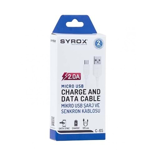 Syrox C65 Micro USB Şarj ve Data Kablo 2.0A 1mt Beyaz