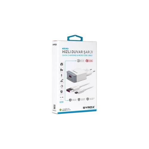 Syrox x-Q30 3.0A Hızlı Şarj Adaptör + Micro USB Kablo